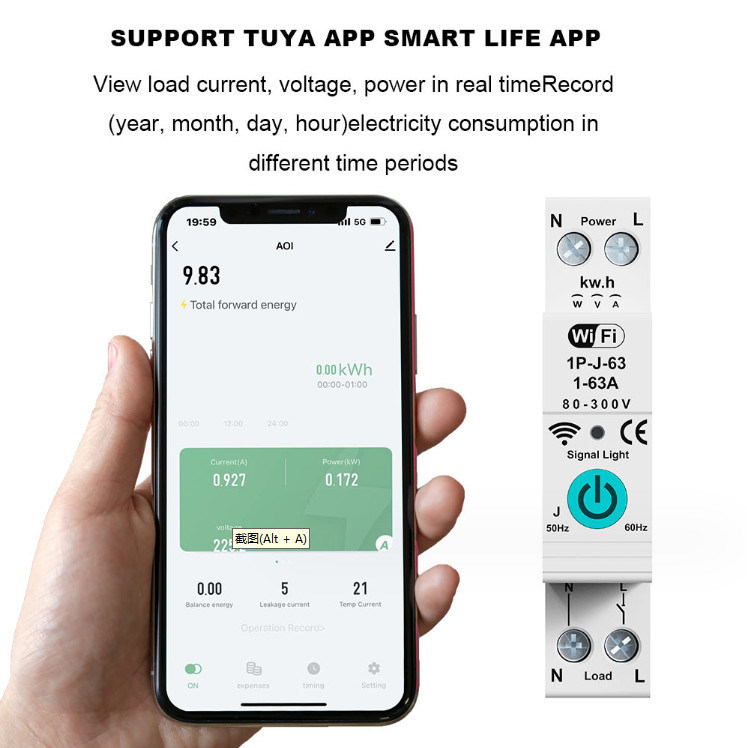 Tuya WiFi Smart Circuit Breaker Schalter Einphasenmessung über Strom Fernbedienung Mobilgerät Timer mehrere Funktionen