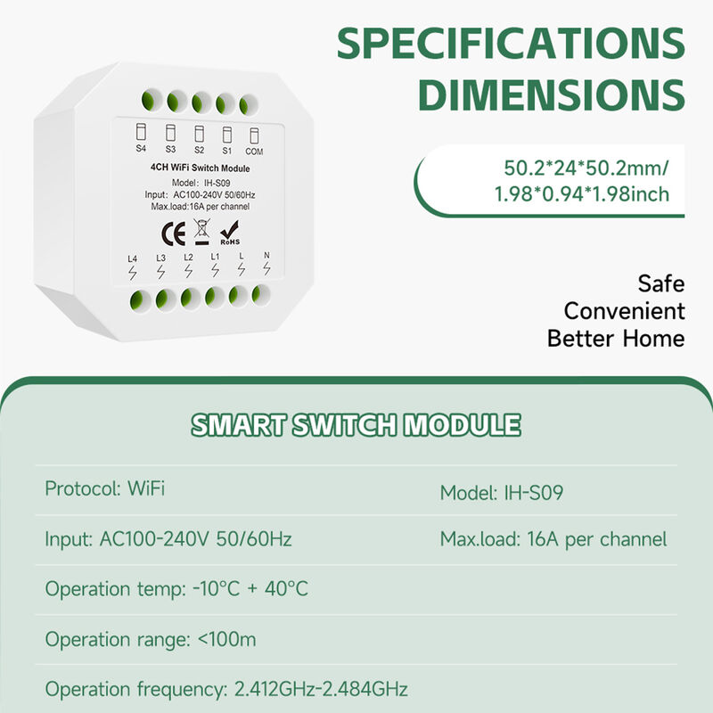 Tuya 4 Gang WiFi Smart Relay Switch Module 16A, Hidden In-wall Smart Switch, Voice & APP Remote Control