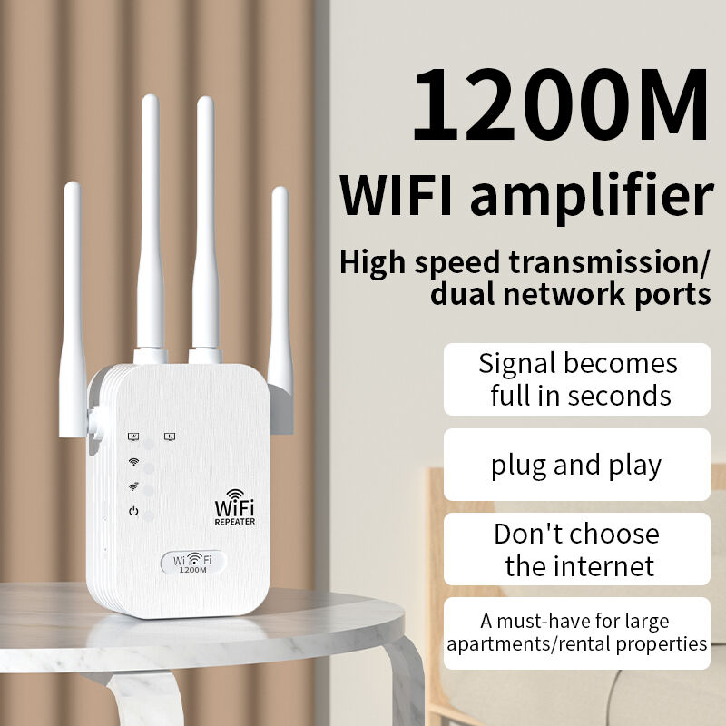 1200Mbps WiFi Extender Signal Booster, Dual Band 5G/2.4G Wireless Repeater with 4 Antennas, Dual Ethernet Ports, Wall-Through Coverage for Home & Office (Black/White)